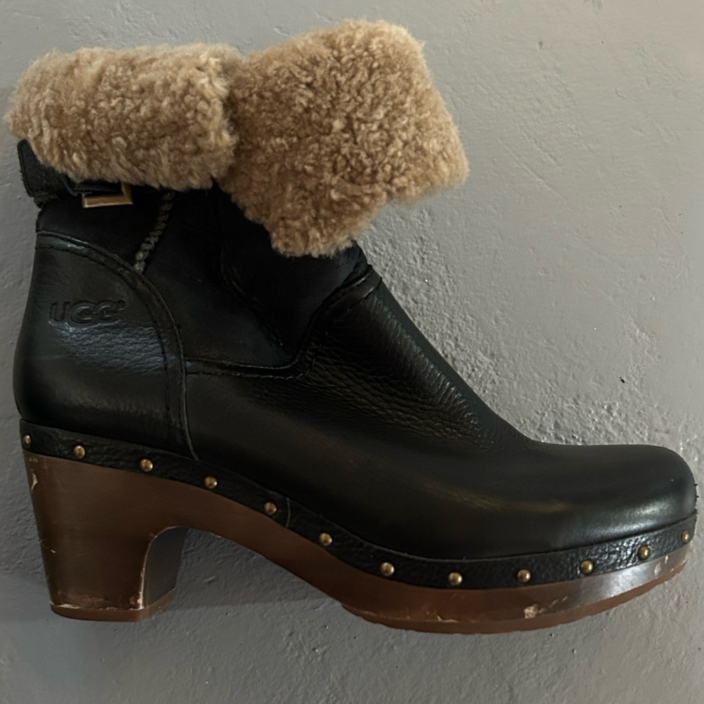 UGG- Black Leather Shearling Studded Clog Boots, Size 9